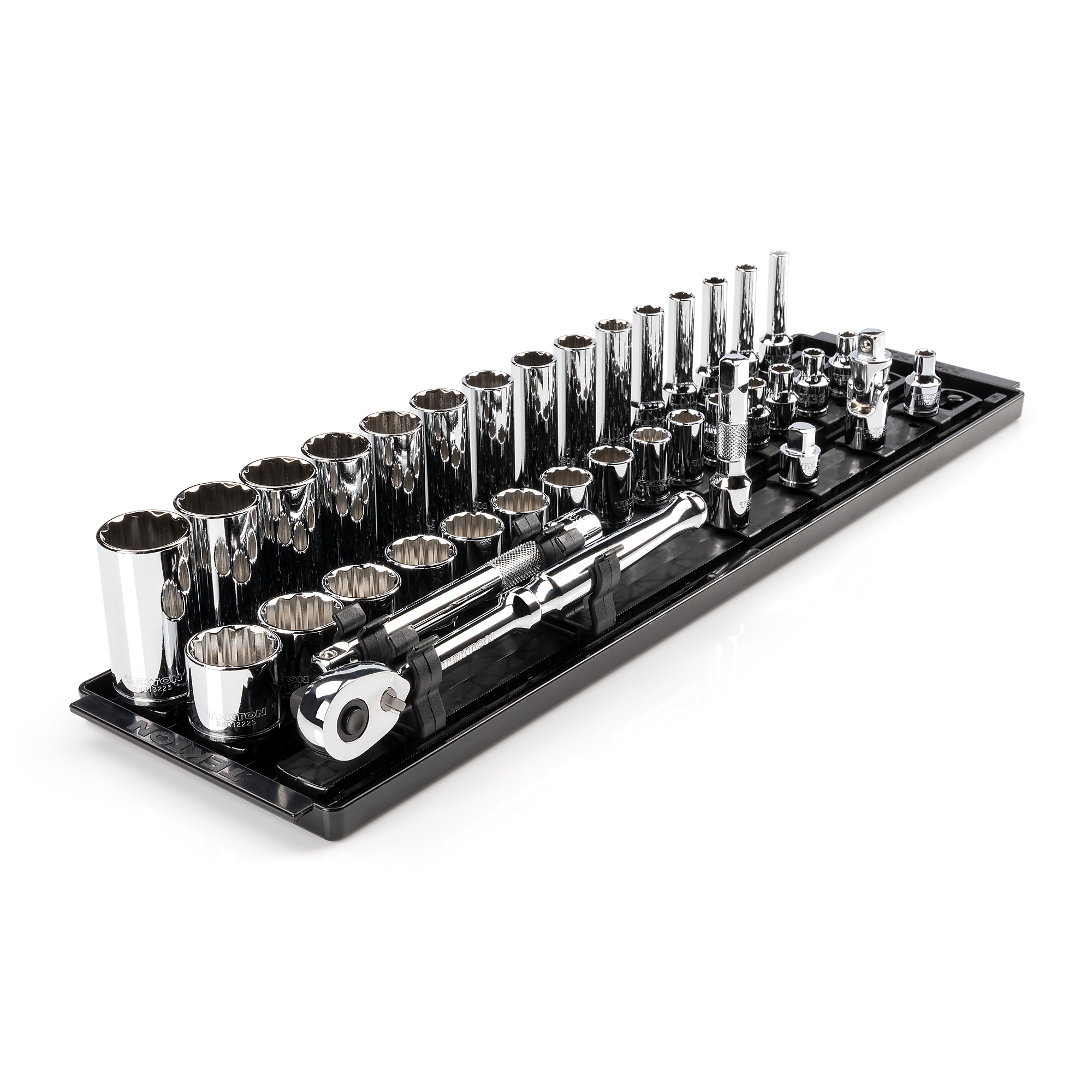 TEKTON 3/8 Inch Drive Shallow and Deep 12-Point Socket and Ratchet Set with Rails and Tray, 36-Piece (1/4 - 1 in.) | SKT13102